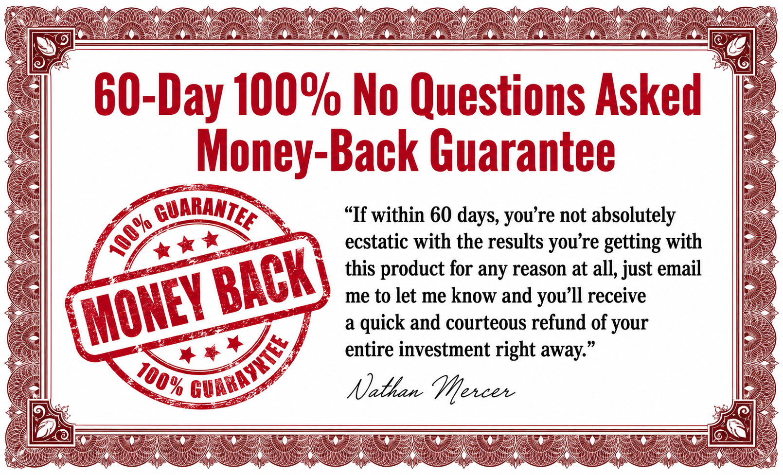 60-Day 100% No Questions Asked Money-Back Guarantee certificate
